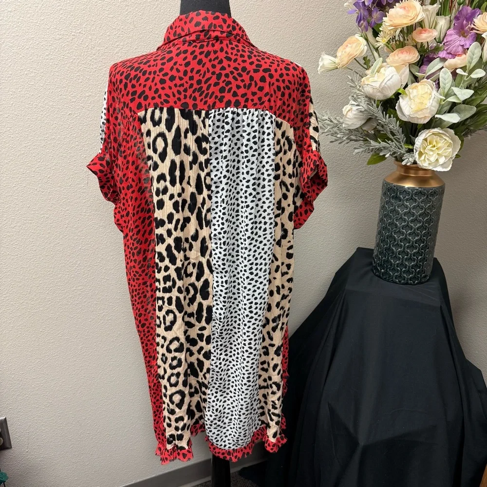 Umgee USA 1XL Leopard Print Colorblock Shirt Dress Red Tan Black White Boho - Picture 4 of 8